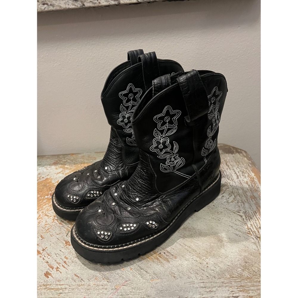 Roper Black Leather Western Cowboy Boots Floral Rhinestone Studded Lug Sole